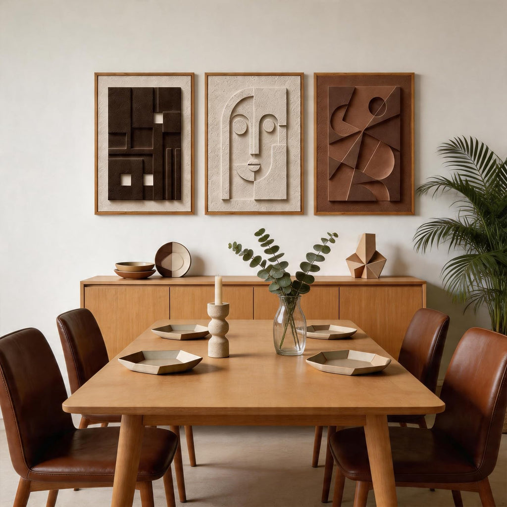 Small Geometric Face Wall Art, Neutral Earth Tone Relief Decor