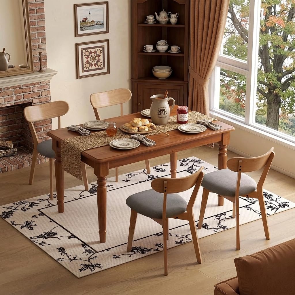 100% Solid Oak Dining Chairs, Mid Century Modern Dining Chair with Curved Backrest, Fabric Upholstered Dining Chairs