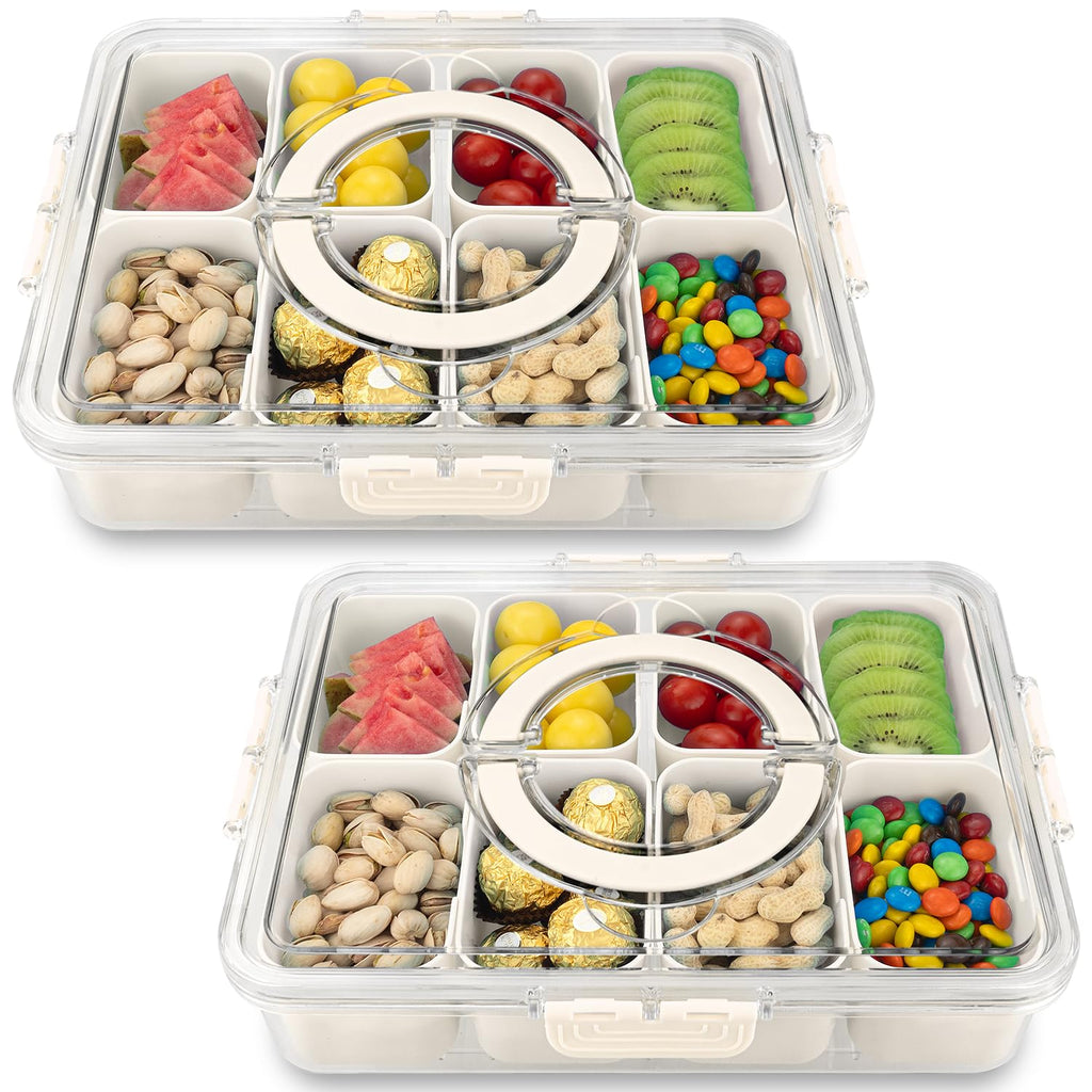 Divided Serving Tray with Lid and Handle, 8 Compartment Snack Box, Portable Snack Platter for Fruits, Veggies, Nuts