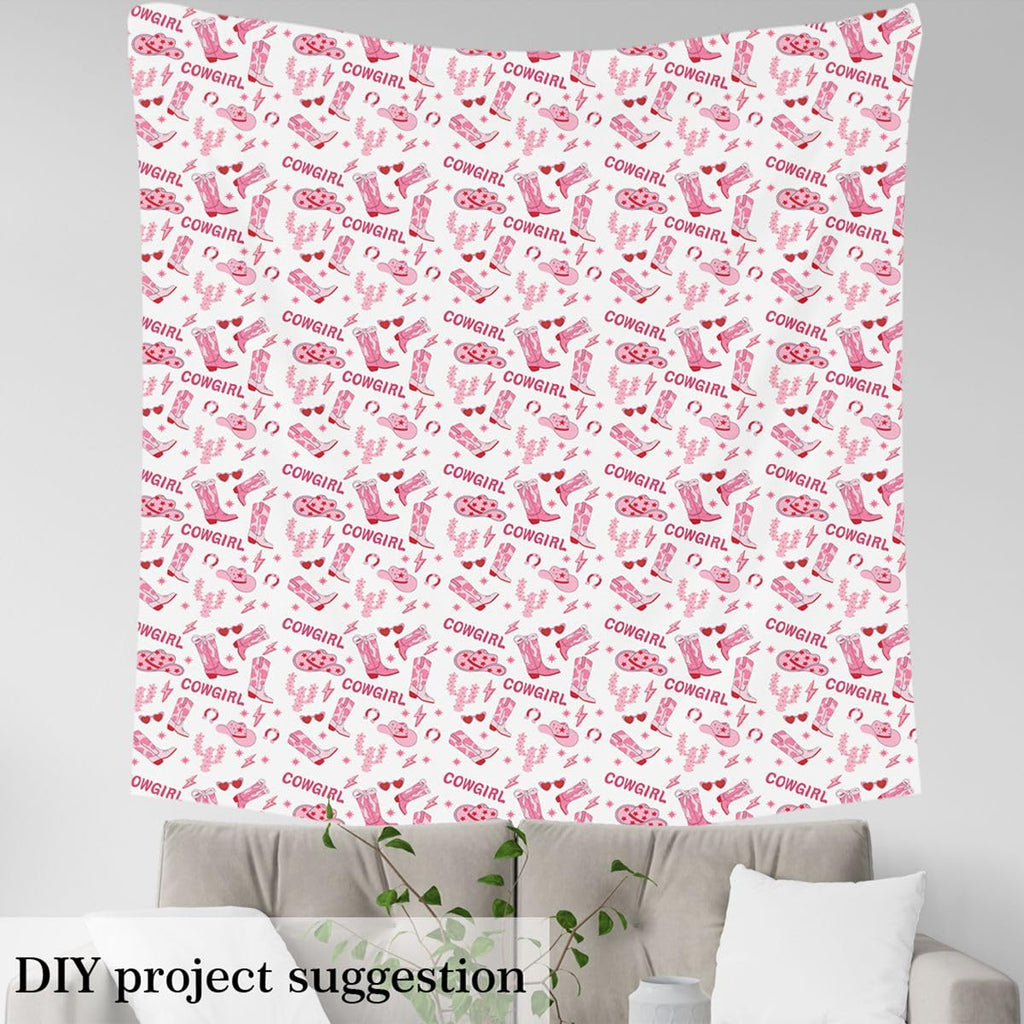 Cowgirl Decorative Fabric by The Yard Soft Polyester, Pink Bowknot Western Boots Cap Starry Fabric for and Home DIY