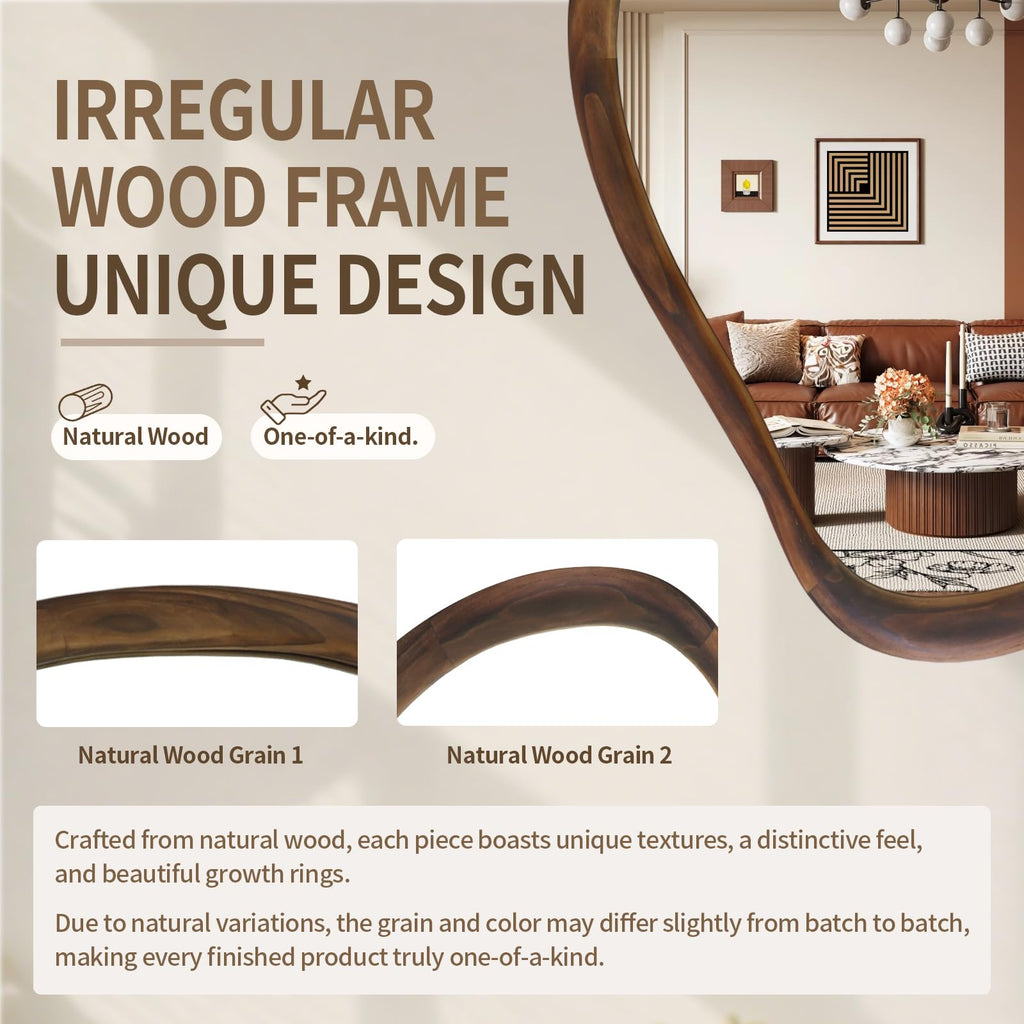 35"x24" Irregular Wall Mirror, Dark Walnut Wood Bathroom Mirror