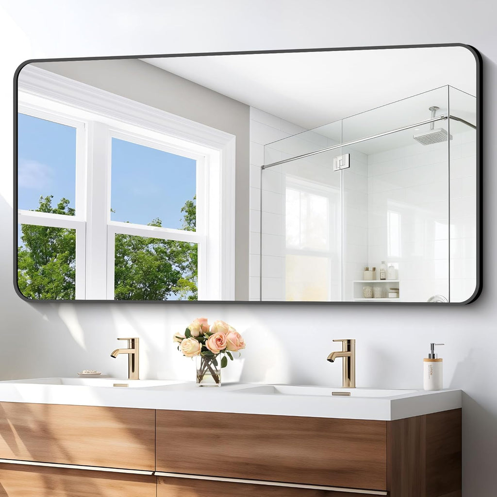 30x60 inch Bathroom Mirror,Black Rectangle Mirror,Wall Mounted Bathroom Frame Vanity Mirror with Round Corner Living
