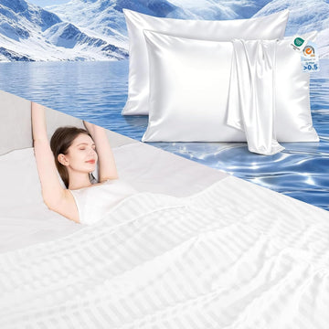 Cooling Satin Pillowcase for Hair & Skin with Zipper 20" x 30" and Cooling Blanket Stripe 90" x 108" White Bundle