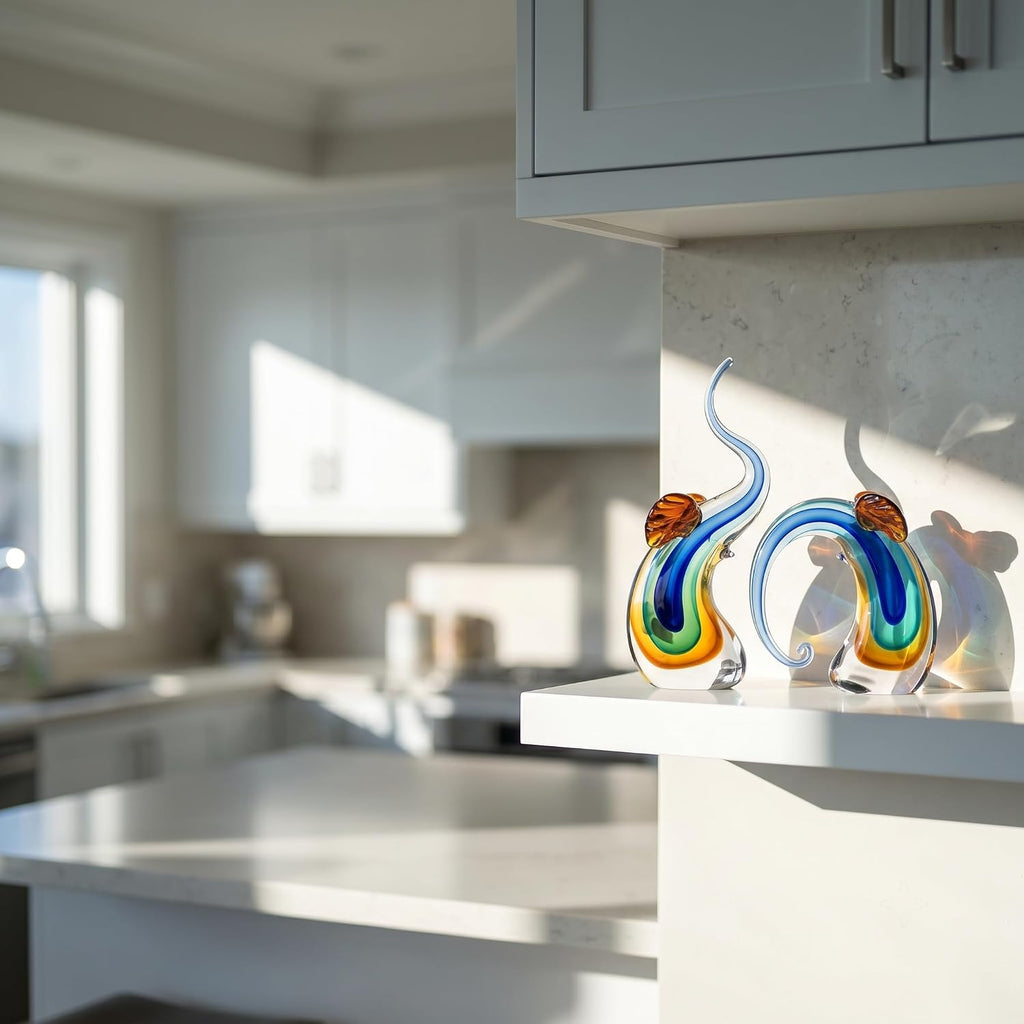 Hand Blown Elephant Statues Set - Luxury Sculptures Home Decor Art Glass Ornament Animal Collectible (Blue)