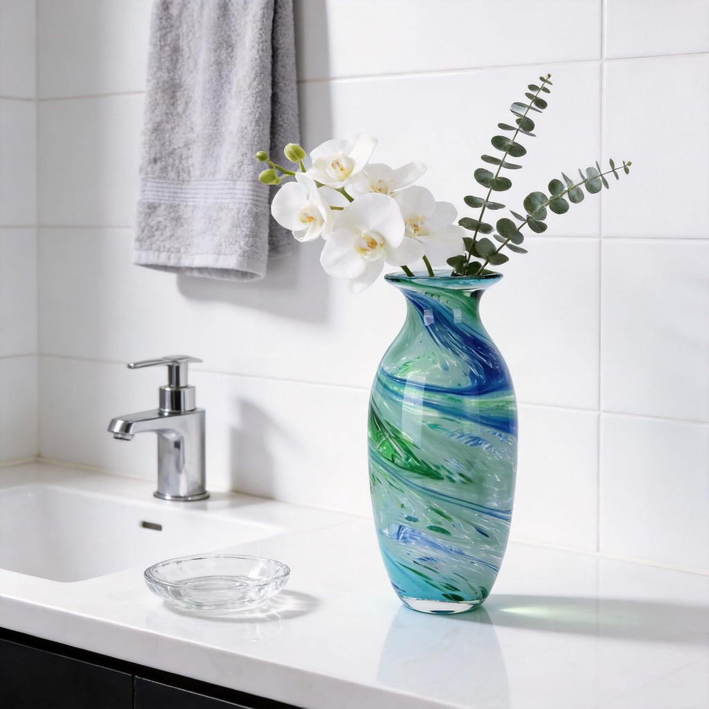 Hand Blown Glass vase, Blue Green Wide Mouth vase, Contemporary Glass Art Suitable for Display on Living Room Dining