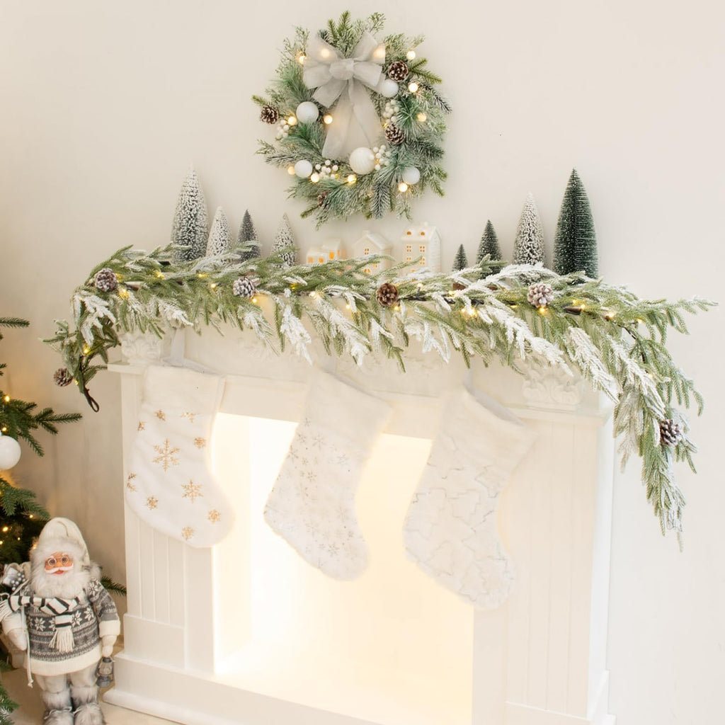 2PCS 6FT Norfolk Pine Garland Flocked Garland with Lights Pinecone