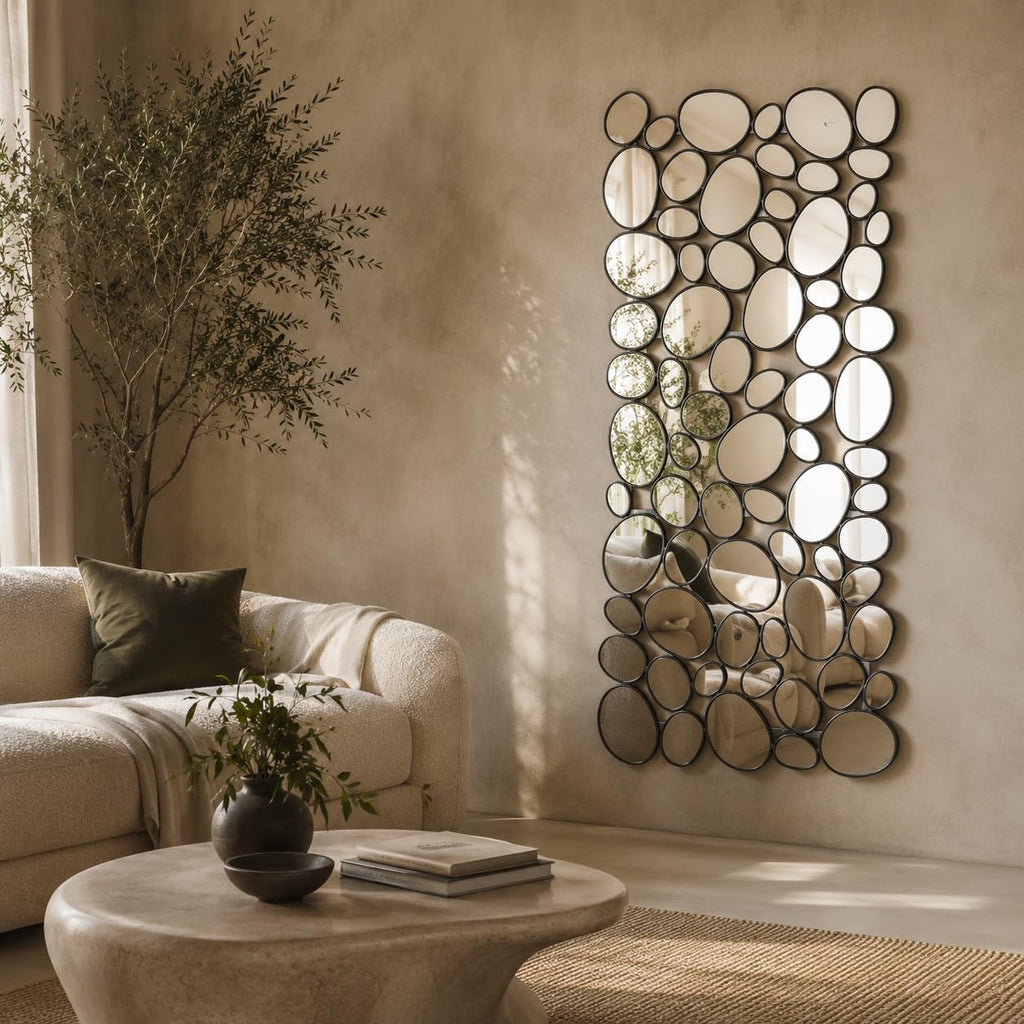 Black Mosaic Wall Mirror, 27.55" x 55" Large Pebble Geometric Decorative Mirror with 71 Irregular Mirror Pieces