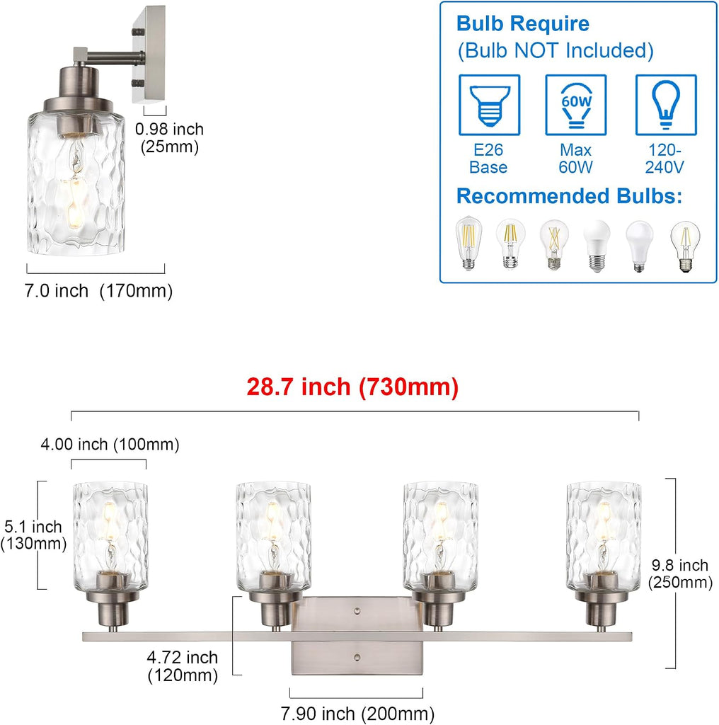 Brushed Nickel Bathroom Vanity Light with Clear Hammered Glass | 4-Light Wall Light Fixtures Modern Wall Lamp for