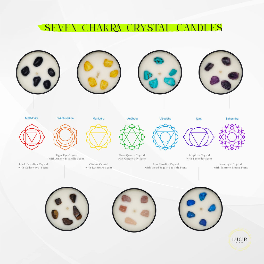 7 Chakra Crystal Candles Set - Scented Soy Candles with Natural Crystals & Surprise Crystal Wand - Meditation, Yoga &