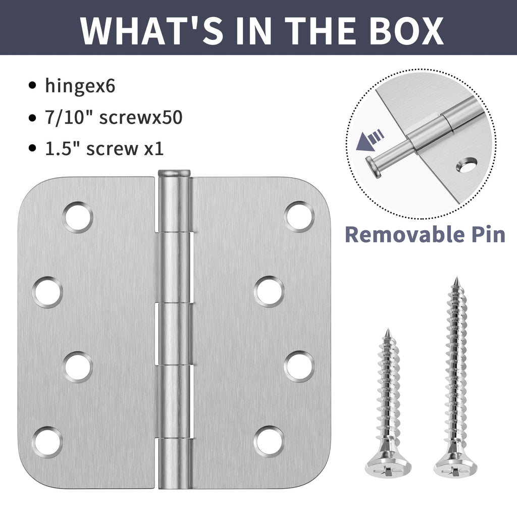 Door Hinges 4 Inch, Brushed Nickel Exterior Door Hinges 6 Pack