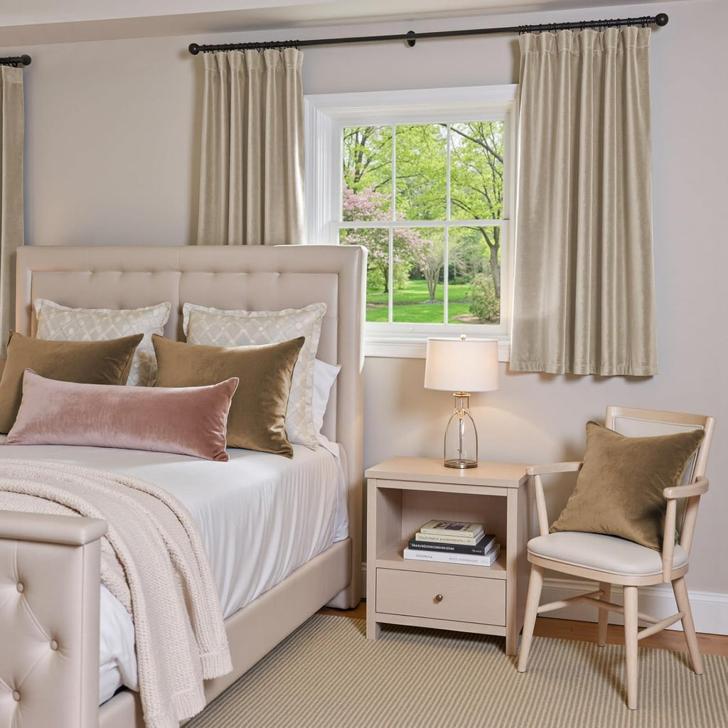 Beige Velvet Curtains Neutral Rod Pocket 52×63 Inch 2 Panels