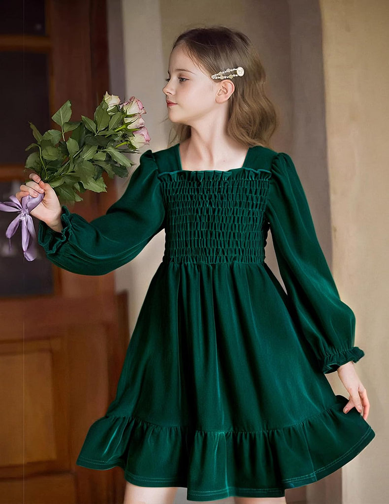 Long Sleeve Dress Velvet Square Neck Midi Fall Winter Long Sleeve Vintage Plain Dress