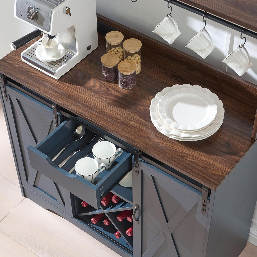 Farmhouse Coffee Bar Cabinet with Charging Station and USB, Blue | 39" Kitchen Hutch Sideboard Buffet with Sliding