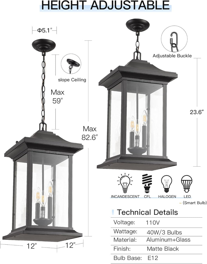 Outdoor Pendant Light, 23.6" H Large Exterior Hanging Light, 3-Light Outdoor Chandelier