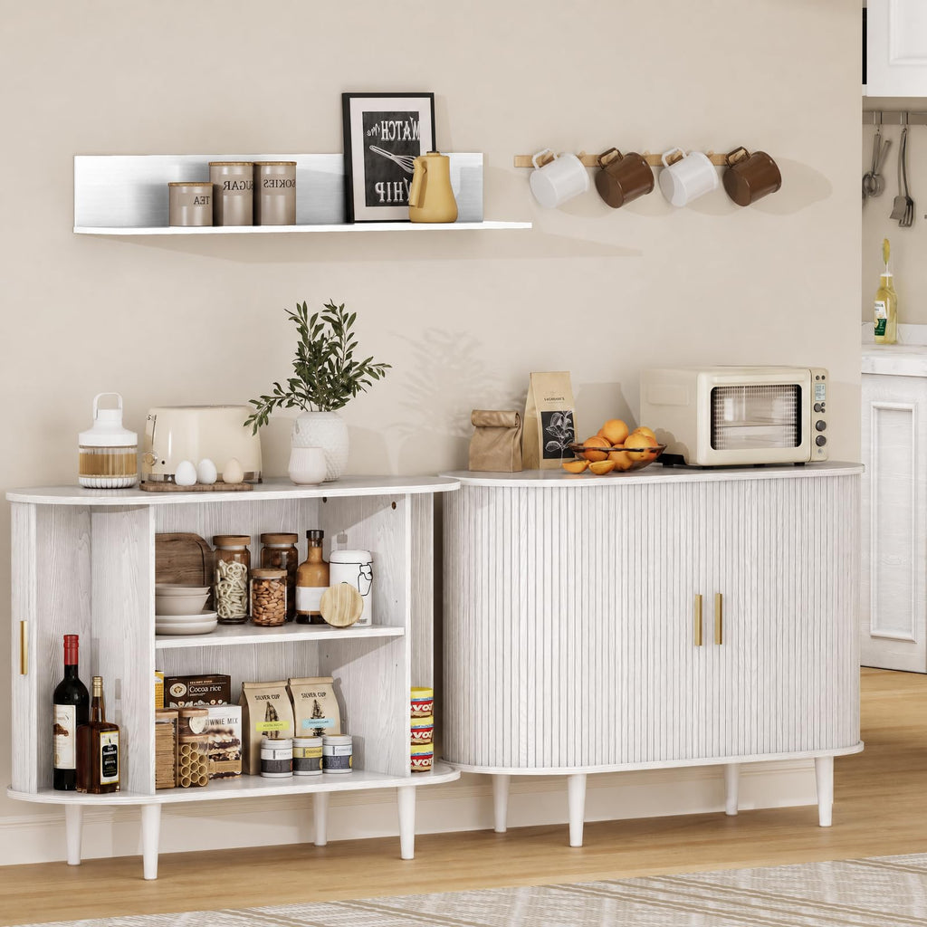 Sideboard Buffet Cabinet with Storage, 40 Inch Mid Century Modern Fluted Credenza with Sliding Door & Adjustable