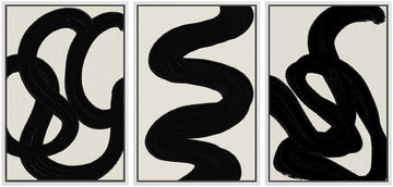 Framed Canvas Print Wall Art Set Duotone Minimal Dark Brush Stroke Landscape Abstract Shapes Illustrations Boho