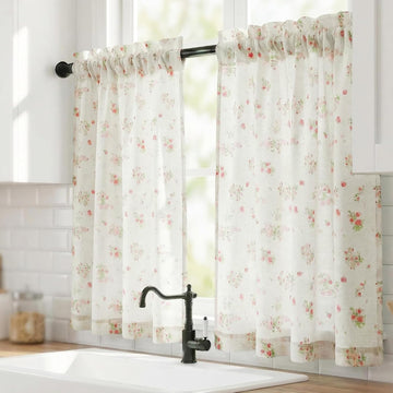 Cottagecore Pink Kitchen Curtains - Faux Linen Cafe Curtains - Vintage Rose Short Curtains for Small