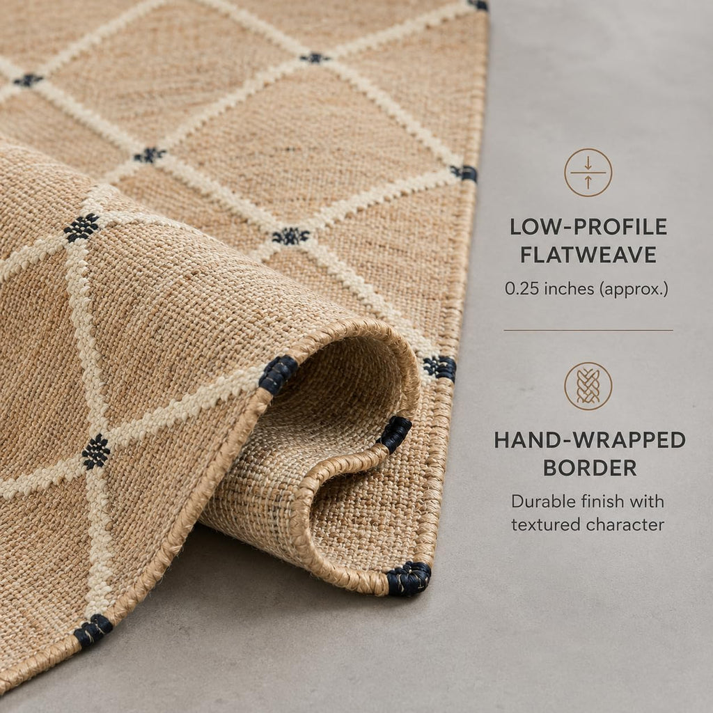 Hand Woven Jute Area Rug 8'x10'- Geometric Design (Natural) | Indoor Natural Fiber Hallway Jute Rug - Rustic