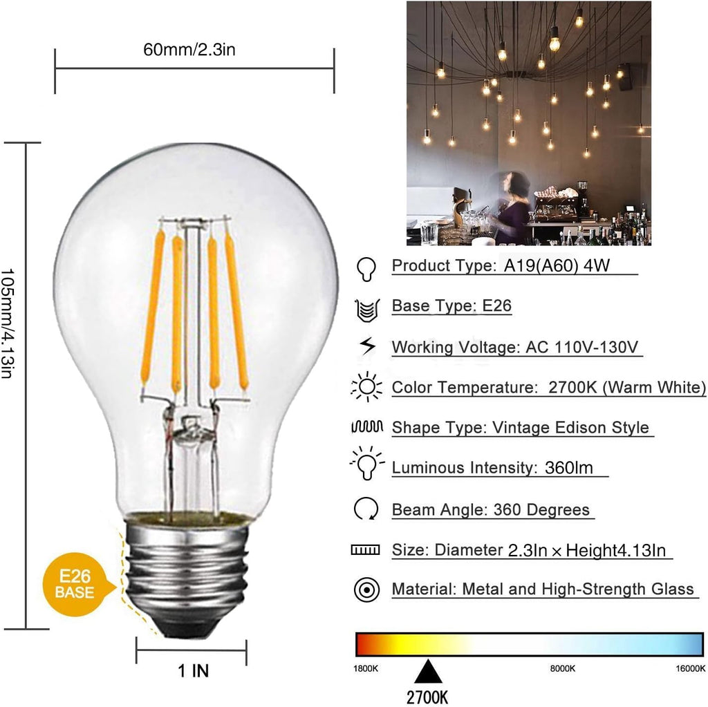 Dimmable Led Edison Bulb A19, 4W Vintage Filament Light Bulb, 40W Incandescent Equivalent, Soft Warm White 2700k, 360