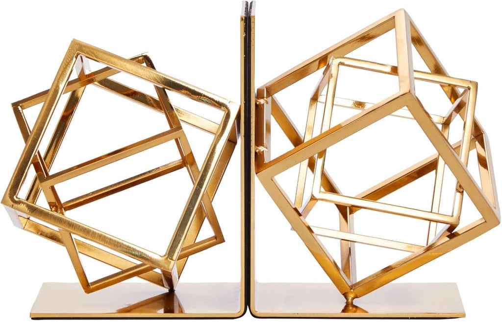 Gold Bookends - Heavy-Duty Metal Book Ends for Bookshelf Decor - Geometric Square Style for Decorative Books Display