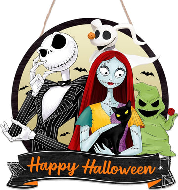 Halloween Door Sign Cartoon Nightmore Wreath Decorations ,Happy Halloween Hanging Signs Front Door Decor ,Rustic
