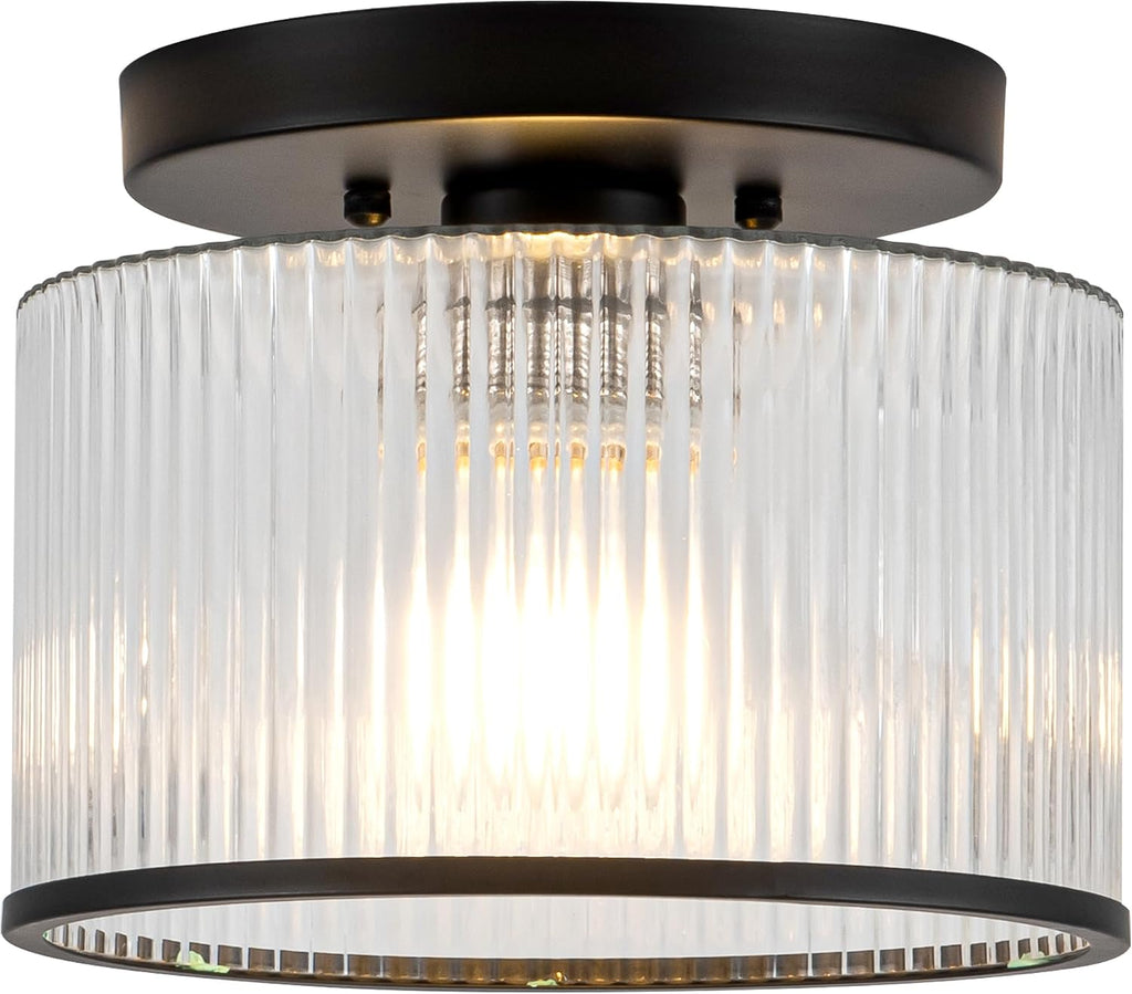 Glass Ceiling Light, Clear Ribbed Glass Ceiling Light Fixture with Black Metal Frame, Modern Semi Flush Mount Ceiling