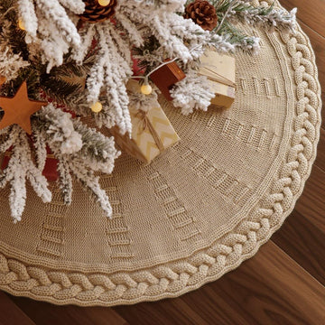 36 inch Christmas Tree Skirt: Pencil Tree Skirt for 6ft Tree, Cable Knit Beige Small Tree Skirt, Vintage Tree Skirts