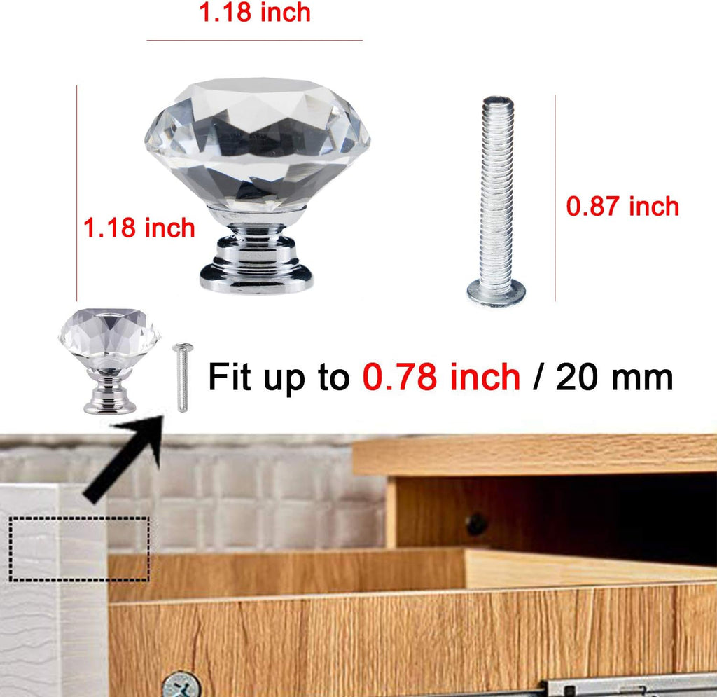 12 Pack Drawer Knobs Diamond Shaped Crystal Glass 30mm Cabinet Knobs Pull Handles (Silver)