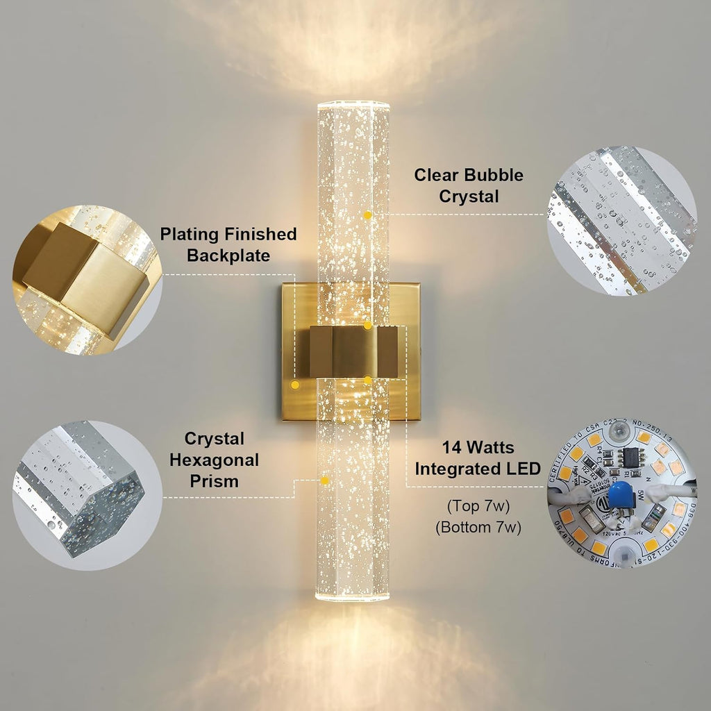 Gold Wall Sconces Set of Two - Bathroom Sconces Wall Lighting 14W Dimmable LED Crystal Wall Light with Bubble Glass