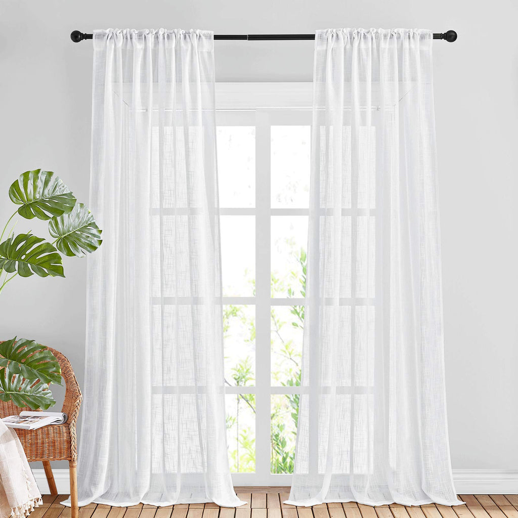 White Sheer 108 inch Curtains, Rod Pocket & Back Tab Semi Linen Sheer Window Treatment Privacy Drapes /Bedroom, 104"