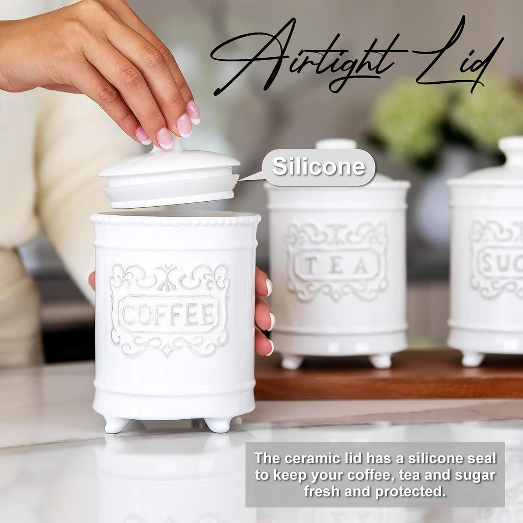 3-Piece Ceramic Canister Set, 35 Oz Each, 6.5-Inch, Airtight Lids - Set of 3