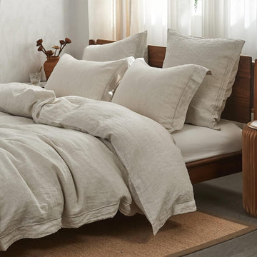 100% Linen Duvet Cover Set with Embroidery Border Washed - 3 Pieces (1 Duvet Cover with 2 Pillow Shams) with Button