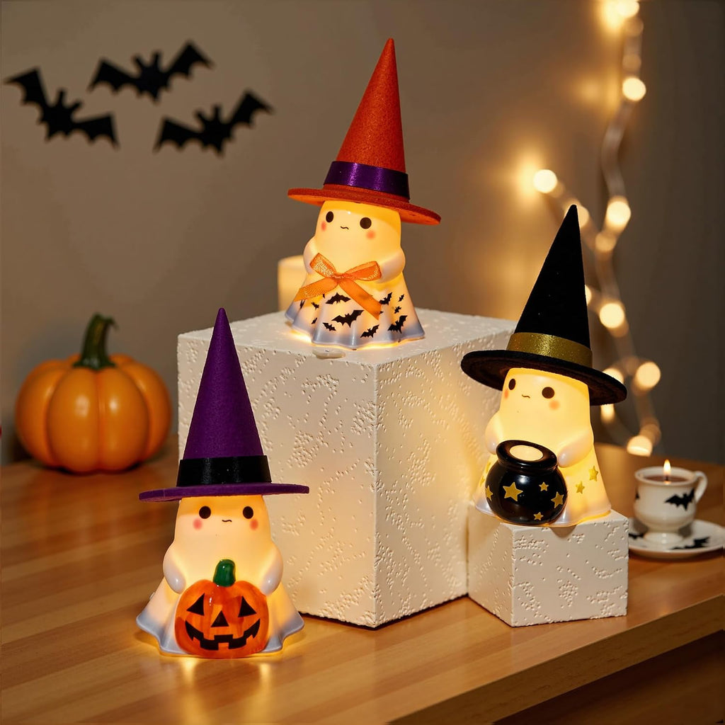 Halloween Decorations Indoor, Cute Spooky Ceramic Ghost Halloween Decorations,Ghost Figurines with Hats - Set of 3