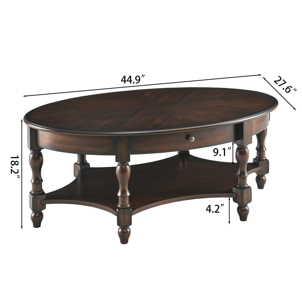 Oval Coffee Table, 2-Tier Solid Wood Table with Storage Drawer, Victorian Antique Ellipse 45" Wx27.6 Dx18.2 H, Easy