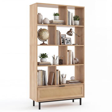 64" Tall Bookshelf with Rattan Drawer, 6-Tier Wood Bookcase with 8 Open Storage Cubes, Metal Legs, Freestanding