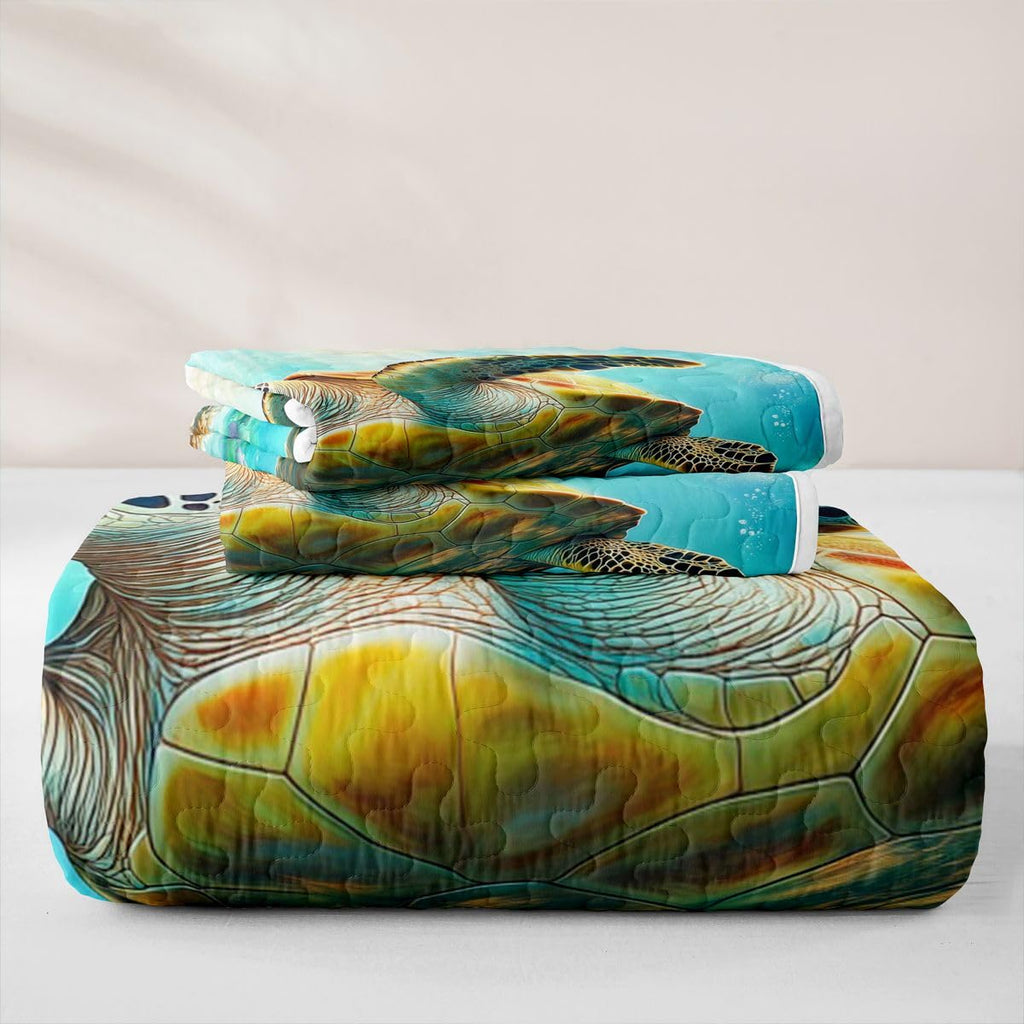 Sea Turtle Quilt Set Ocean Coastal Quilted Bedspread Lightweight Coverlet Set Reptile Tortoise Bedding Set with