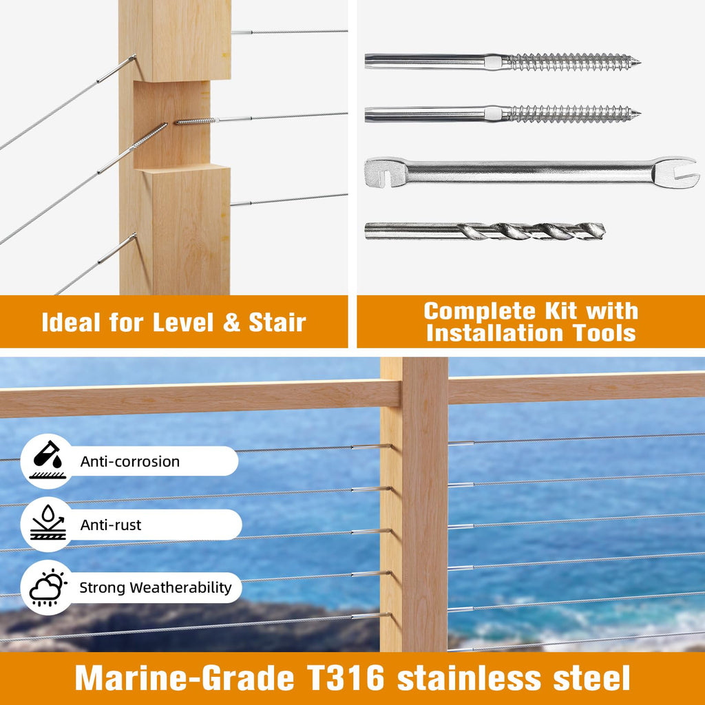Swage Lag Screws for Cable Railing - 80 Pack T316 Stainless Steel Left and Right Handed Thread - 1/8" Cable Railing