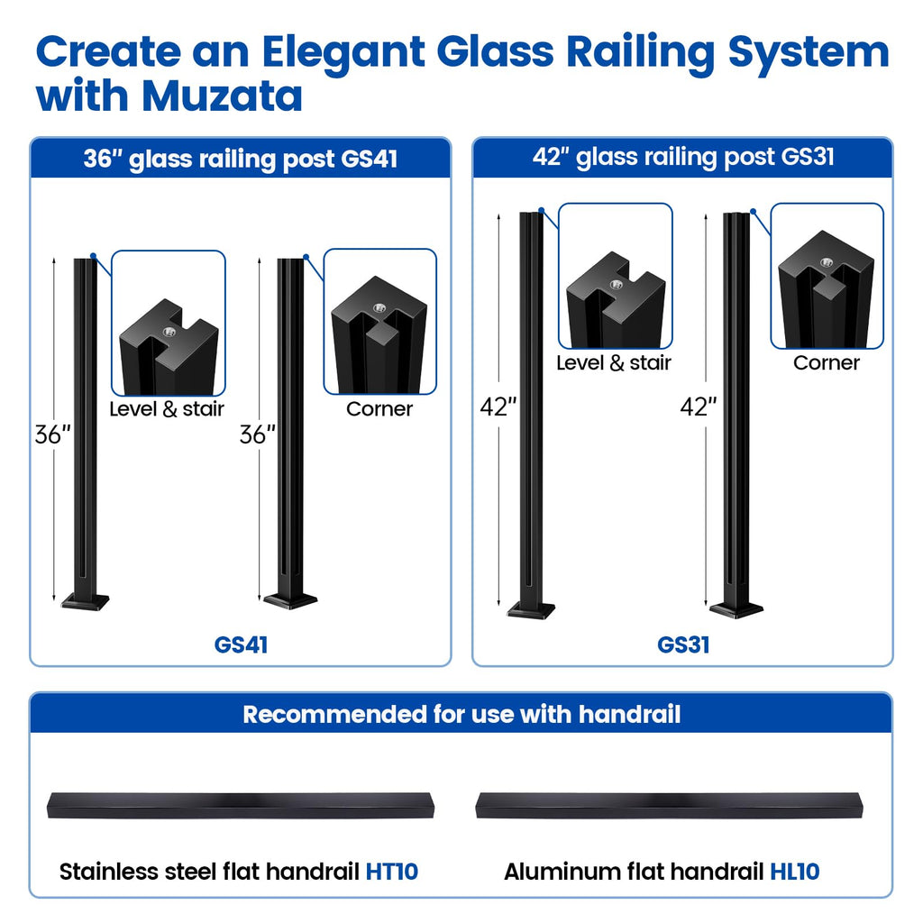 [Patent] 36" Black Glass Railing Post for Level and Stairs GS41 BG4