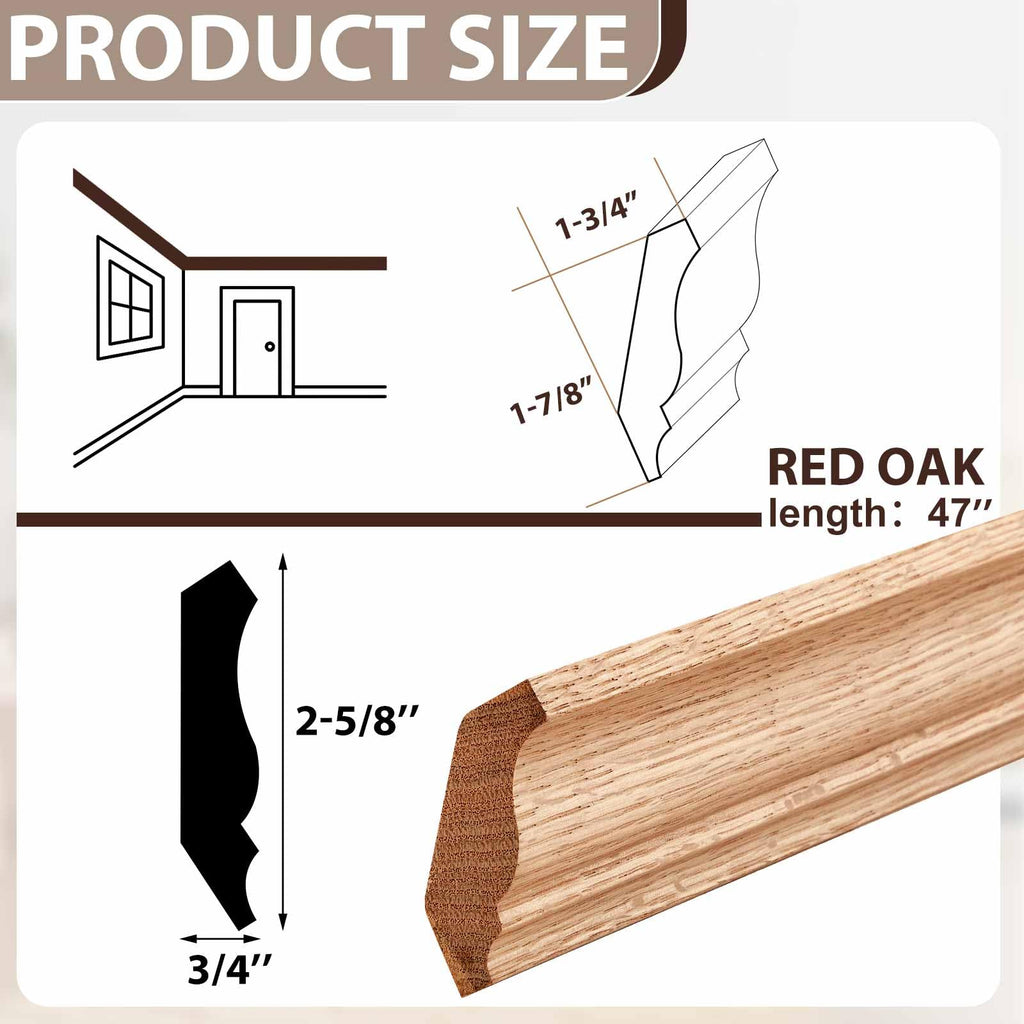 2 Pack Solid Red Oak Hardwood Crown Molding Trim 47" x 3/4" x 2-5/8" Real Wood Colonial Ceiling Molding, Unfinished &