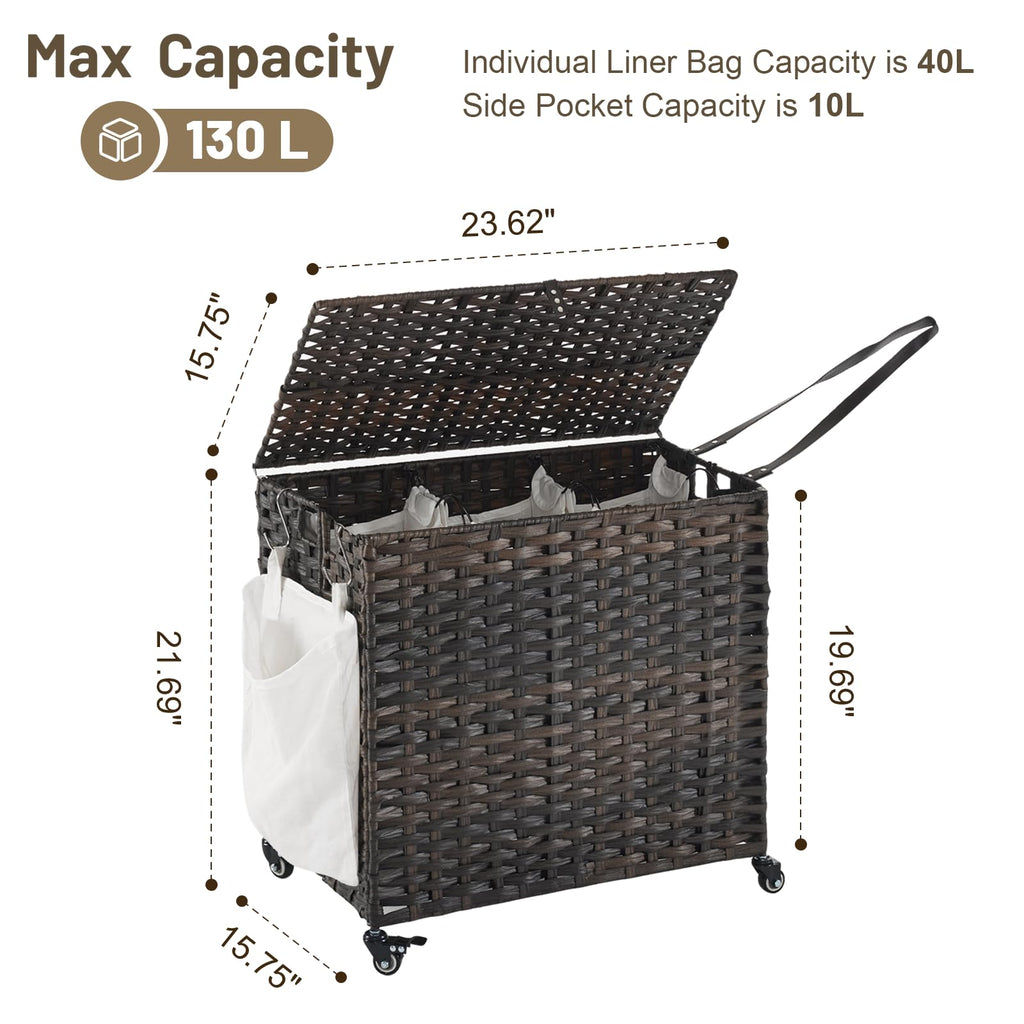 Hamper with Wheels, 34.3 Gallon(130L) Rolling Laundry Basket with Lid, 3-Section Rattan Clothes Hamper with 3