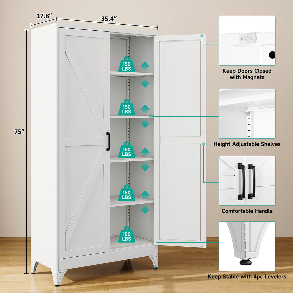 75" Tall Pantry Cabinet, Wide & Deep Farmhouse Kitchen Pantry Storage Cabinets with 2 Doors and 5 Shelves, White Metal