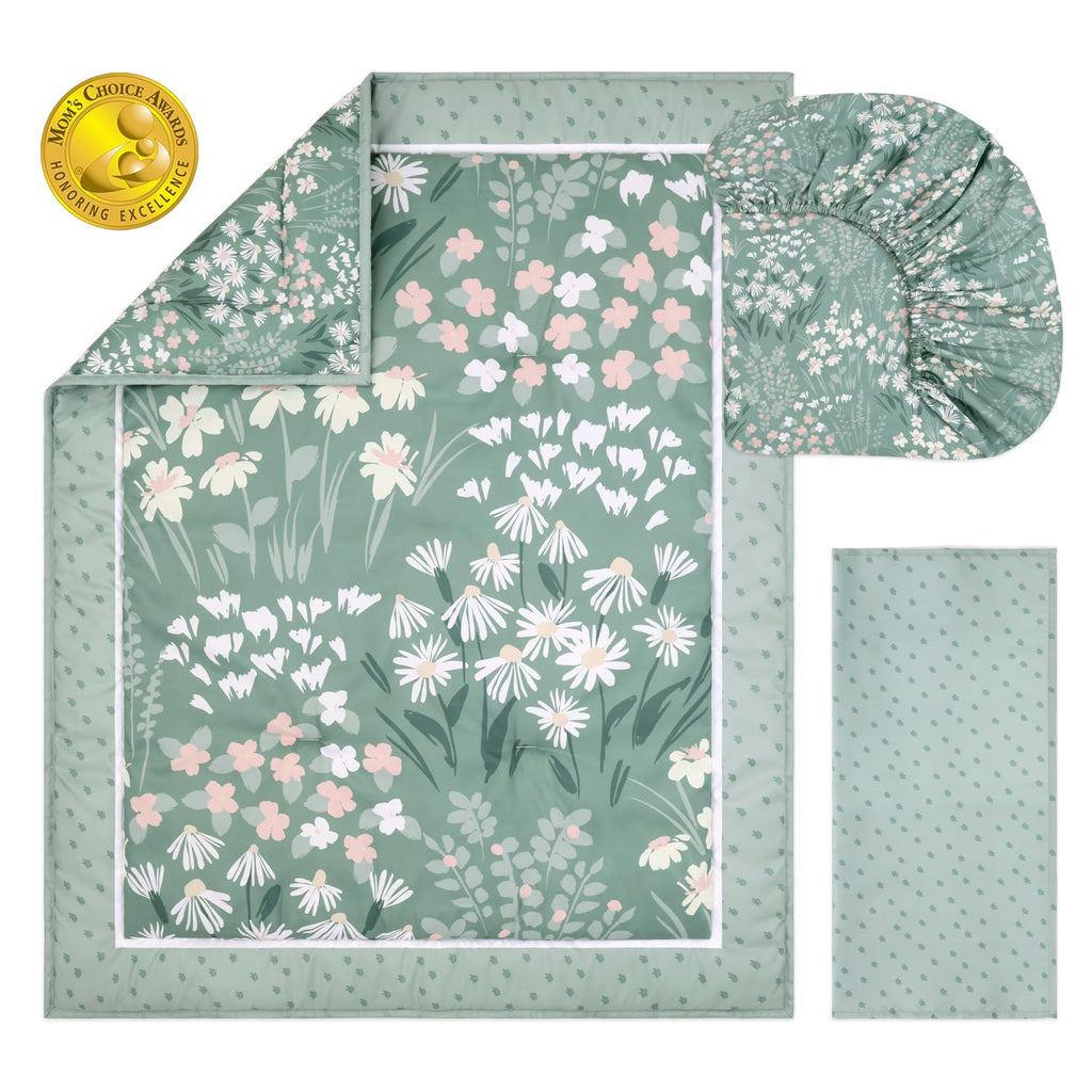Sage Meadow 3-Piece Baby Girl Crib Bedding Set - Botanical Nursery Quilt Comforter, Sheet & Skirt - Floral Baby Crib