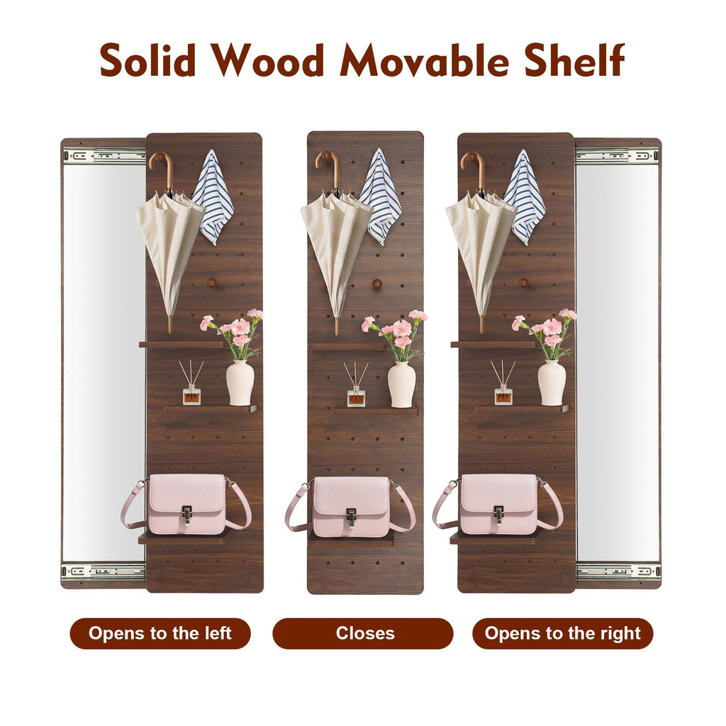 Full Length Mirror with Storage,Wall Mounted Mirror with Pegboard,Rotating Walnut Standing Entryway Mirror