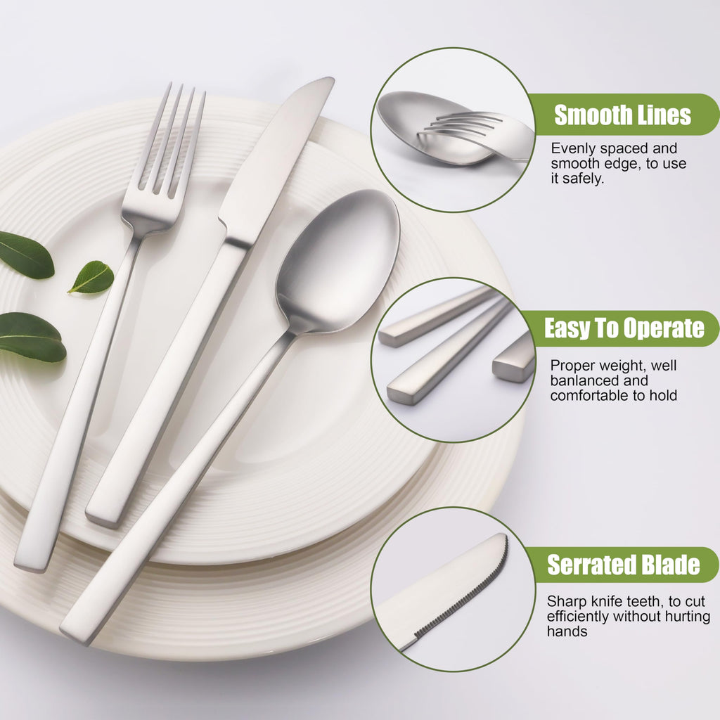 Forged Silverware Set for 8, Stainless Steel Matte Flatware Sets