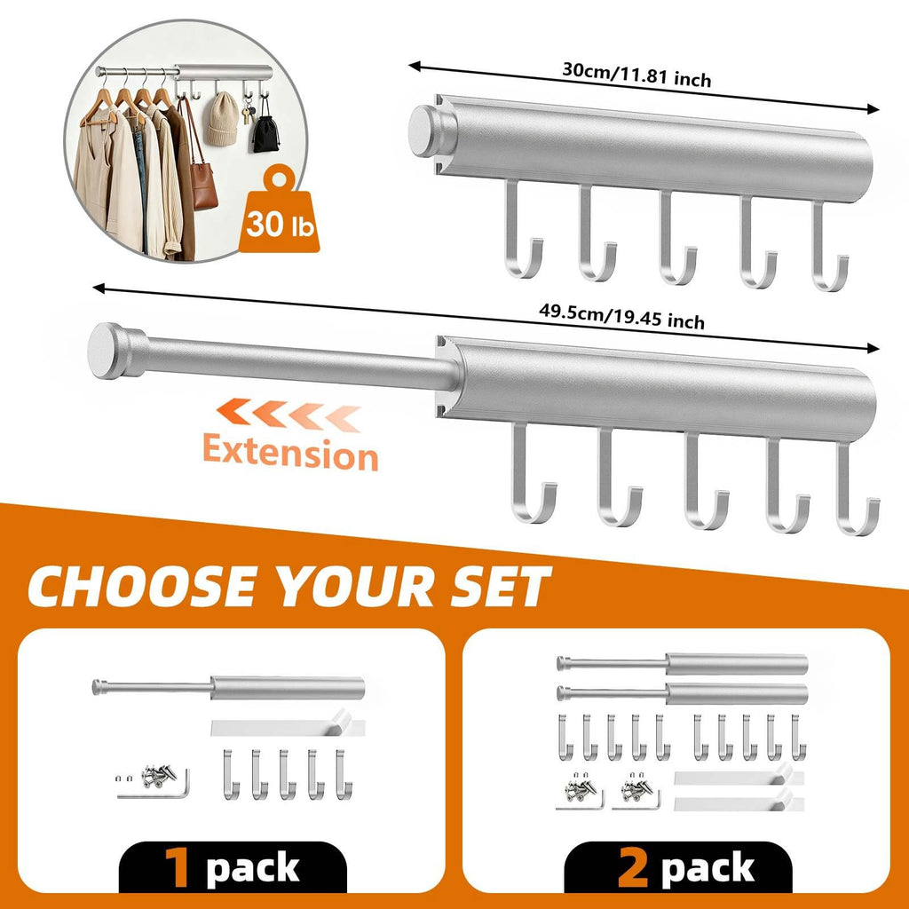 Valet Rod Closet Pull Out 12 Inch Retractable Organizer for Closet Silver