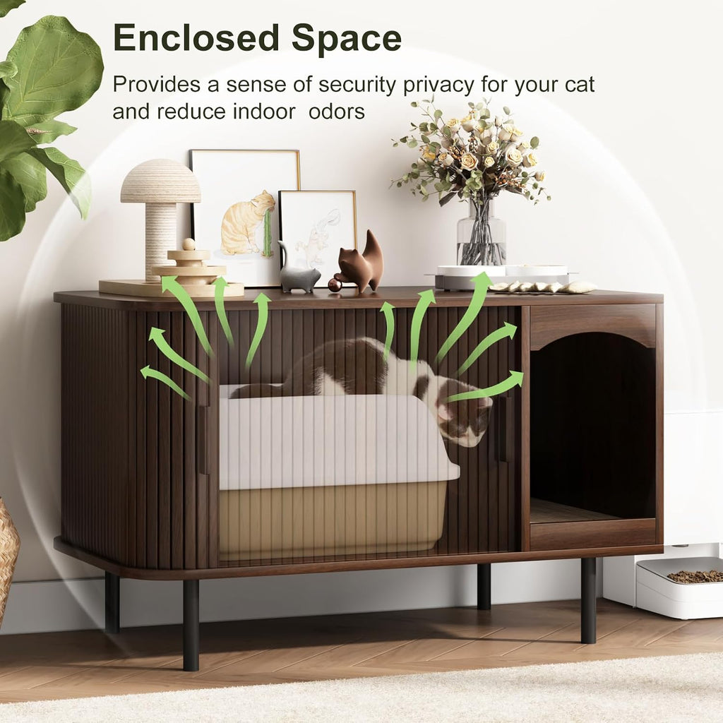 Cat Litter Box Enclosure Furniture, Fluted Hidden Litter Box, Walnut