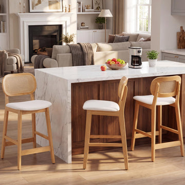 Rattan Counter Height Bar Stools Set of 3 Modern Farmhouse Barstools with Cane Backs 26 Inch Wood Counter Stool