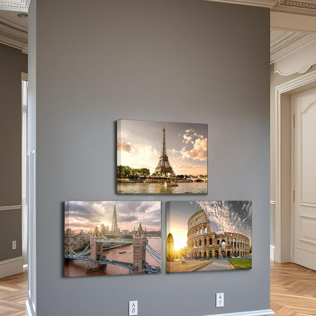 European Cityscape Wall - Paris Eiffel Tower, London, Rome Canvas Prints - Framed Landscape Paintings Decor - Ready