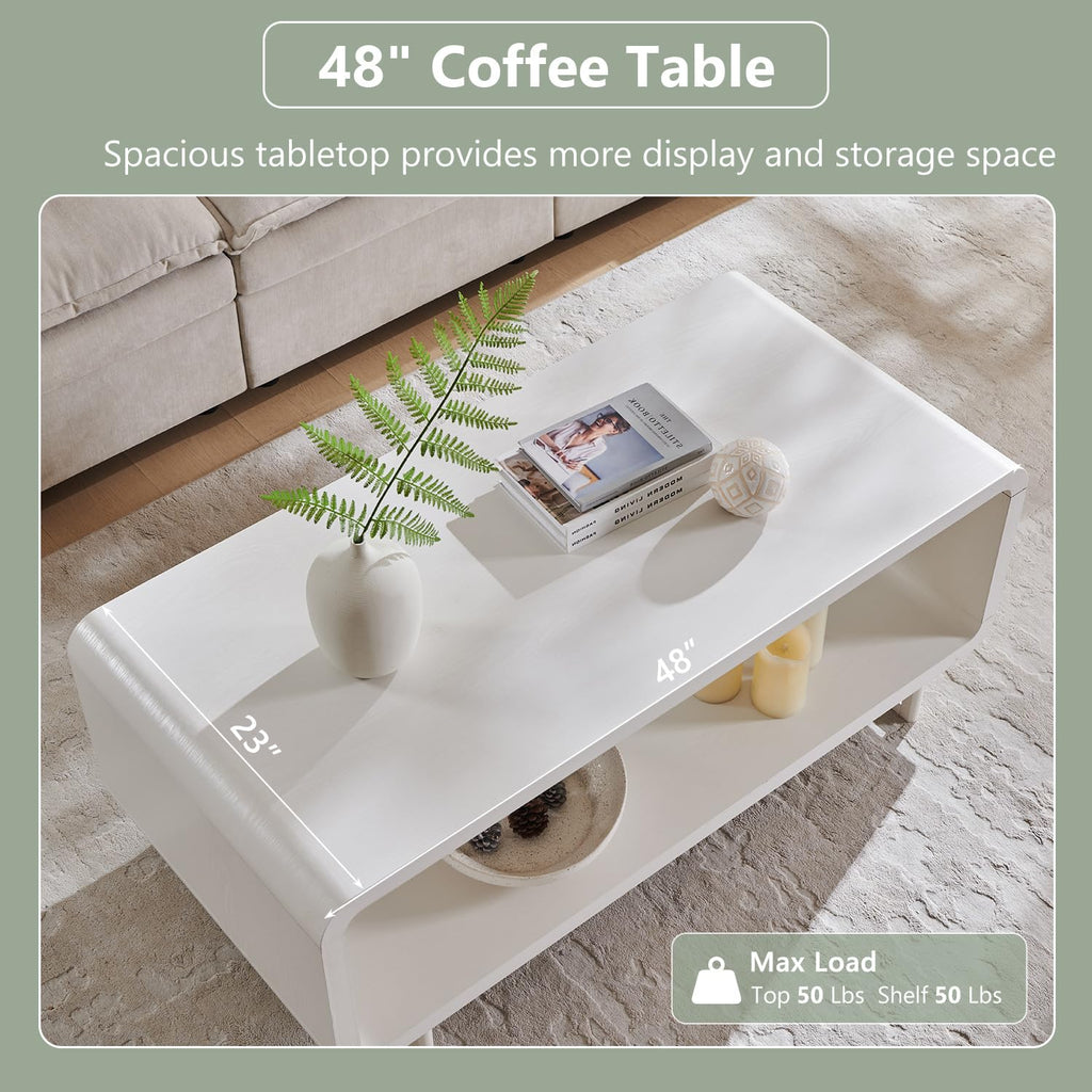 48" Modern Coffee Table, 2-Tier Minimalist Curved Center Table, White