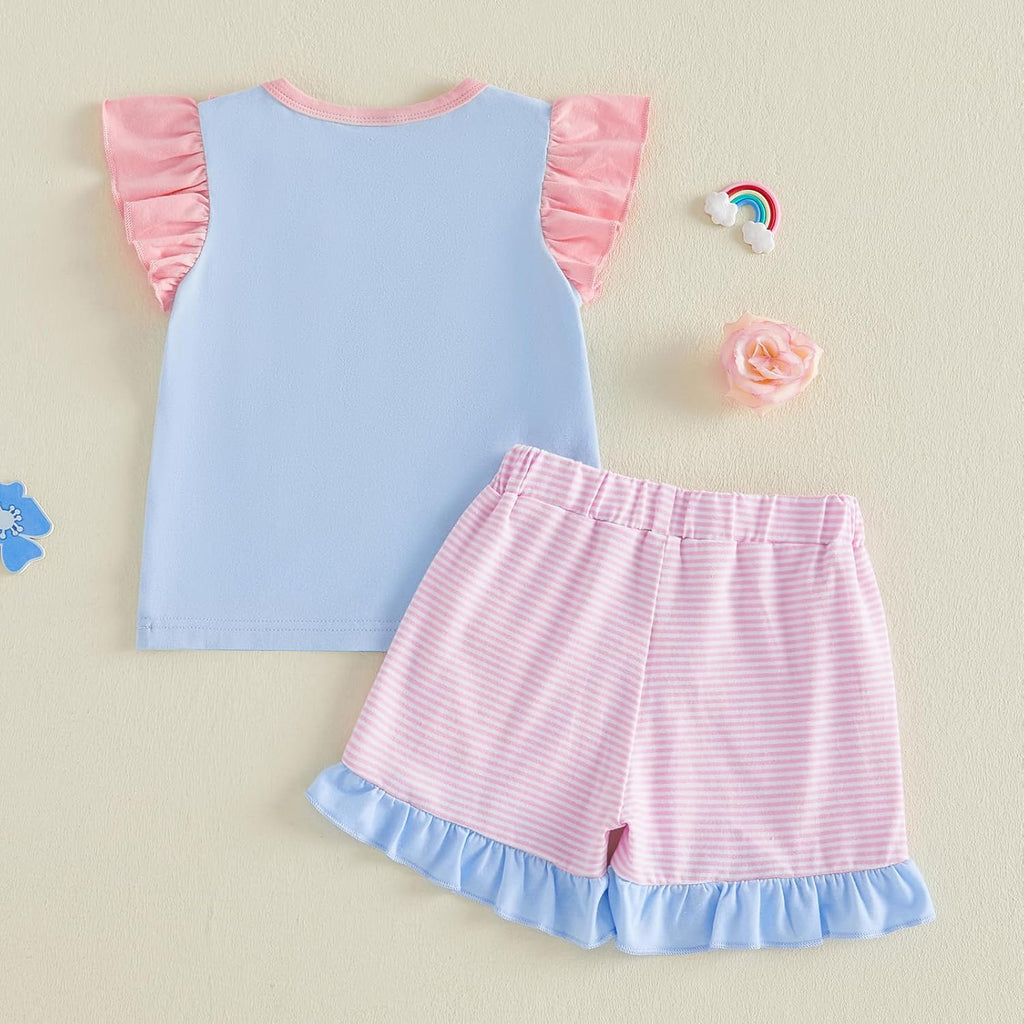 Toddler Baby Girl Fishing Outfit Fish Embroidery T-Shirt Top Striped Ruffle Shorts Set 2Pcs Girls Summer Clothes